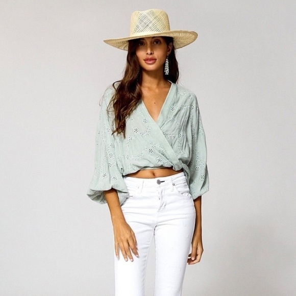 YOUNG FABULOUS AND BROKE Pistachio Green Lacey Eyelet Wrap Top - Picture 1 of 7